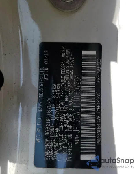 2013 Subaru Brz 2.0 Limited из США, поврежденный, VIN JF1ZCAC11D1607264